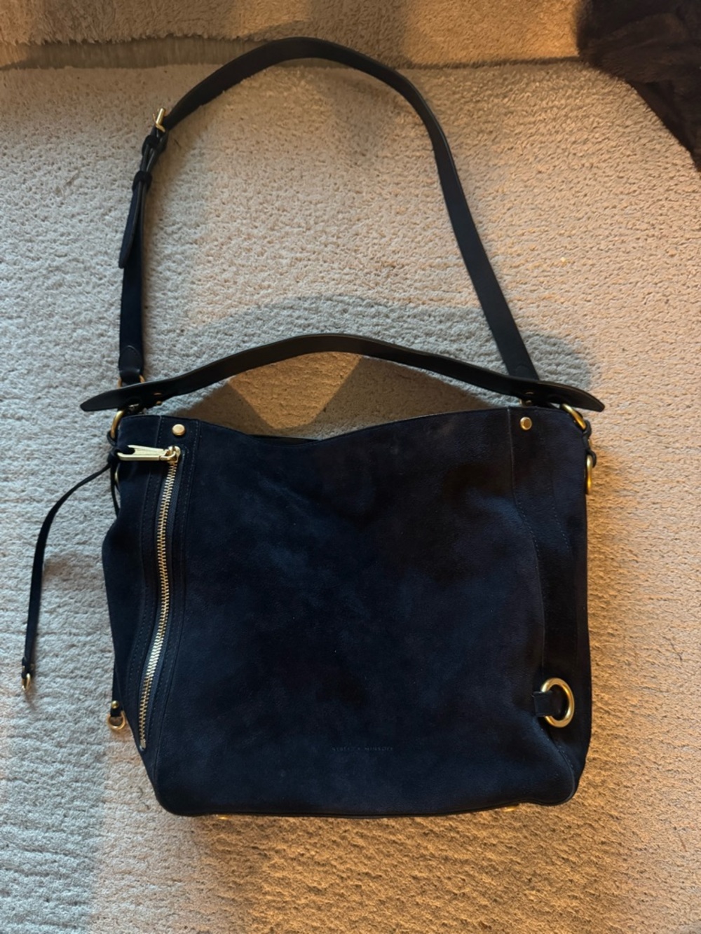 Rebecca Minkoff Navy Suede Crossbody Hobo with Gold Hardware